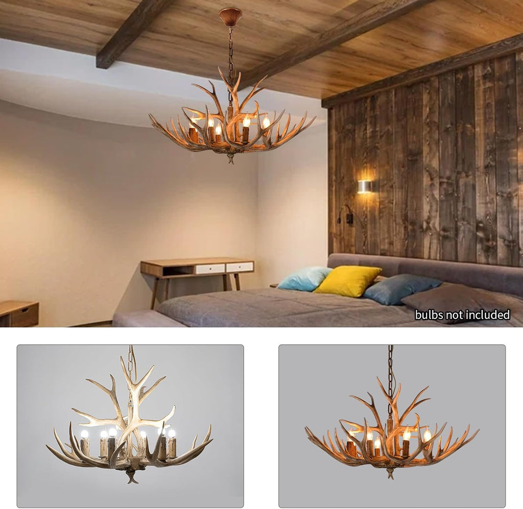 TFCFL 6-Light Antlers Chandelier, Retro Country Style Deer Horn Chandelier Lighting Height Adjustable E12 Base Pendant Light for Living Room Bedroom Kitchen Bar, Bulbs Not Included