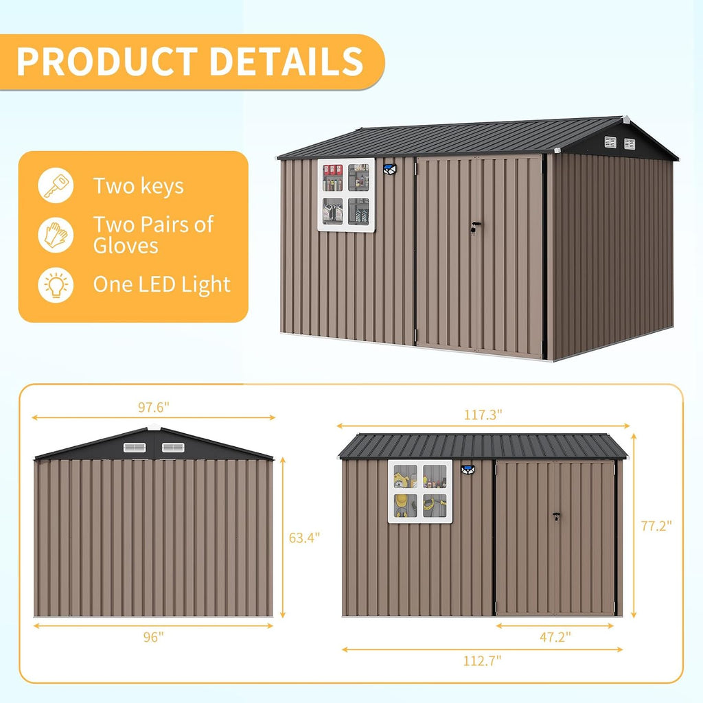 GarveeLife 8x10 ft Outdoor Storage Shed, Metal Garden Tool Shed with Updated Frame Structure, Lockable Doors and Windows, Ideal for Backyard Garden Patio Lawn, Brown