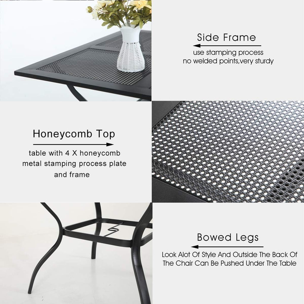 PHI VILLA 5 Pieces Outdoor Dining Set for 4, Metal Steel Square Table with Umbrella Hole & Stackable Black Wrought Iron Chairs, Heavy-Duty Dining Furniture for Patio, Deck, Backyard, Porch