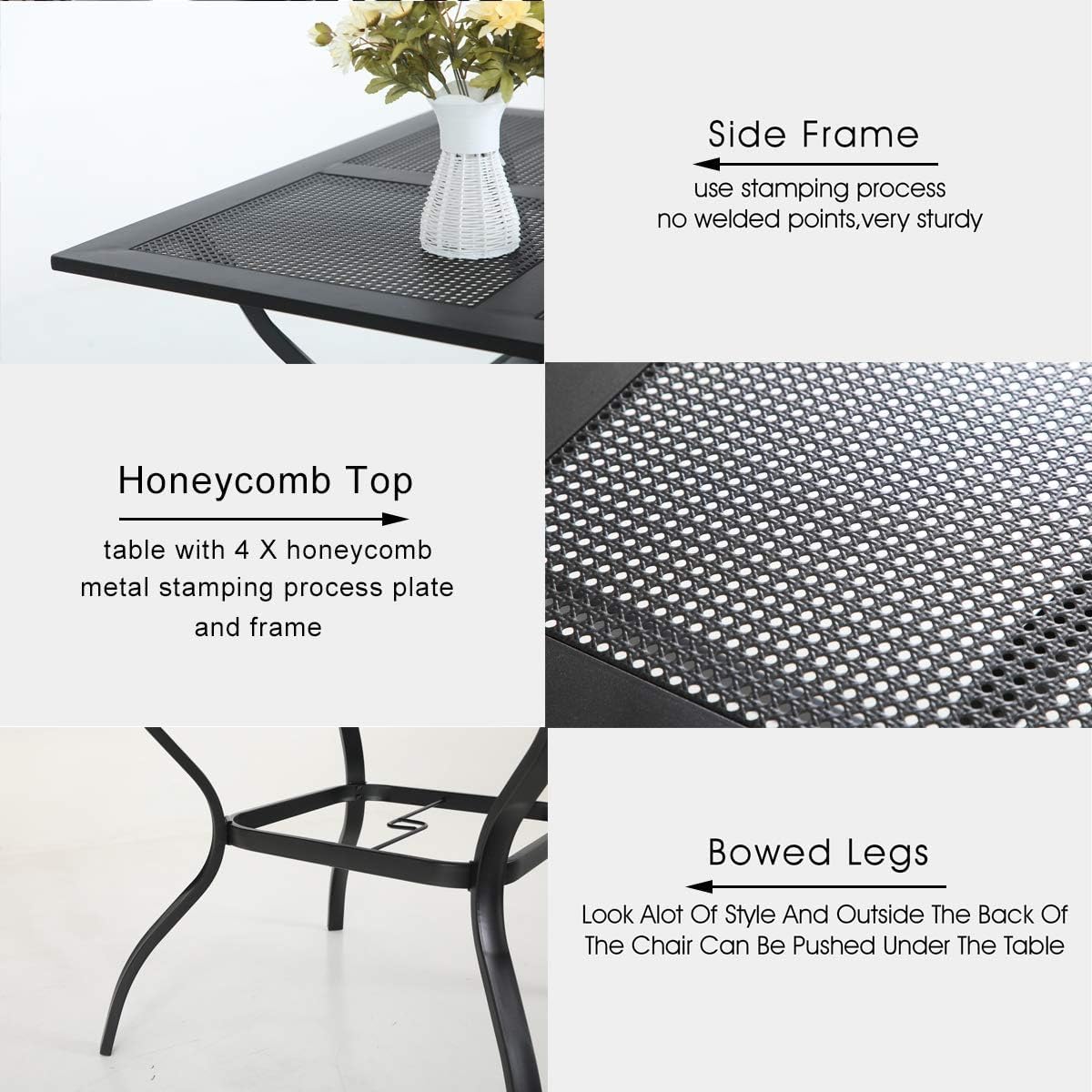 PHI VILLA 5 Pieces Outdoor Dining Set for 4, Metal Steel Square Table with Umbrella Hole & Stackable Black Wrought Iron Chairs, Heavy-Duty Dining Furniture for Patio, Deck, Backyard, Porch