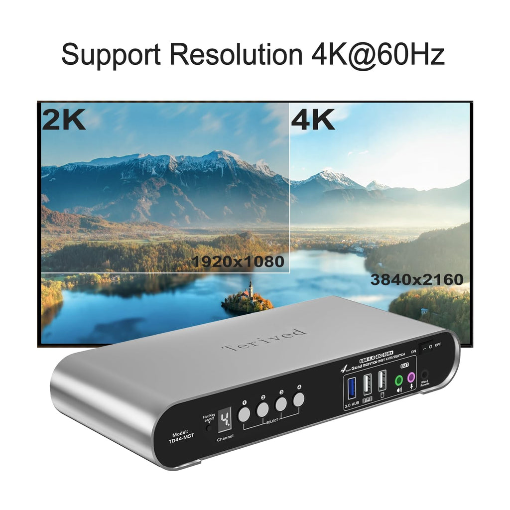 4 Computer 4 DP Monitors MST KVM Switch 4K@60Hz, DP MST USB 3.0 Quad Monitor, Hotkey and Wire Remote, Aluminum Shell, Digital Display, Audio/Mic, HDR10 with Cables (Windows)