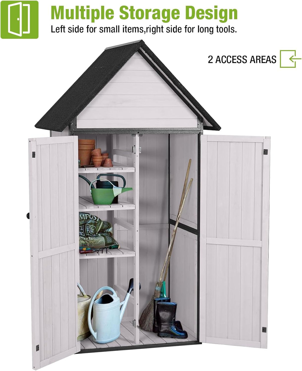 GUTINNEEN Sheds Outdoor Storage Wooden Garden Tool Shed with Metal Frame Sloped Roof and Adjustable 3 Tiers Shelves Outdoor Storage Cabinet for Backyard Garden Patio Lawn 67.1'(Off White)