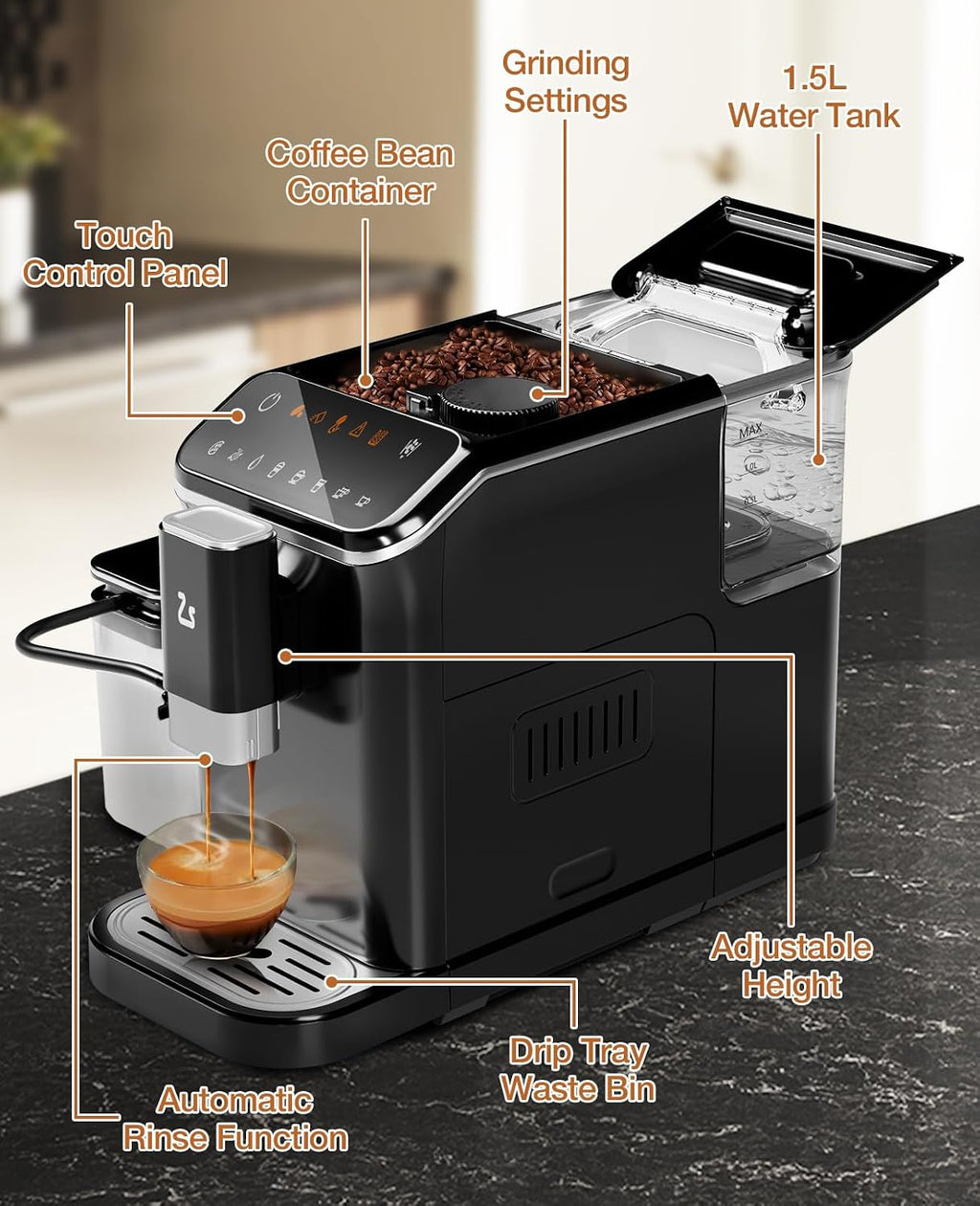 Automatic Espresso Machine with 20 Bar Pressure – One-Touch Coffee Maker, Built-in Grinder & Milk Frother, 6 Custom Recipes, 1.5L Water Tank, Auto Self-Cleaning, 120V for Home & Office (Black&Silver)