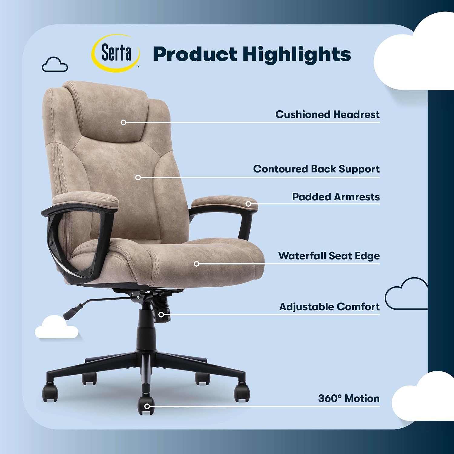Serta Comfort Eco Office Chair, Ergonomic Mid-Back with Lumbar Support, Semi-Plush Seat Cushion and Layered Body Pillows, Padded Armrests, Metal Swivel Base, Soft Velvet Fabric, Light Brown