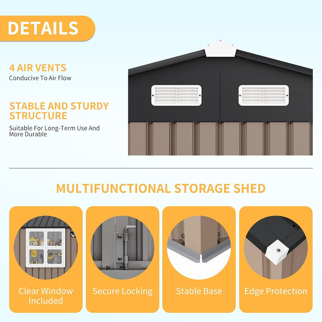 GarveeLife 8x10 ft Outdoor Storage Shed, Metal Garden Tool Shed with Updated Frame Structure, Lockable Doors and Windows, Ideal for Backyard Garden Patio Lawn, Brown