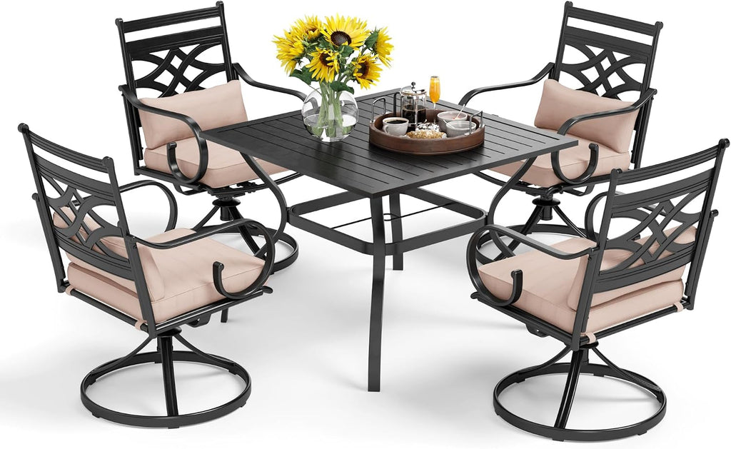 PHI VILLA 5 Pieces Outdoor Dining Set for 4, 37' Square Black Metal Table & Wrought Iron Swivel Chairs, All Weather Large Outside Furniture with Cushions & Pillows for Patio, Deck, Porch