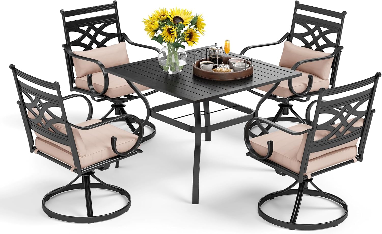 PHI VILLA 5 Pieces Outdoor Dining Set for 4, 37' Square Black Metal Table & Wrought Iron Swivel Chairs, All Weather Large Outside Furniture with Cushions & Pillows for Patio, Deck, Porch