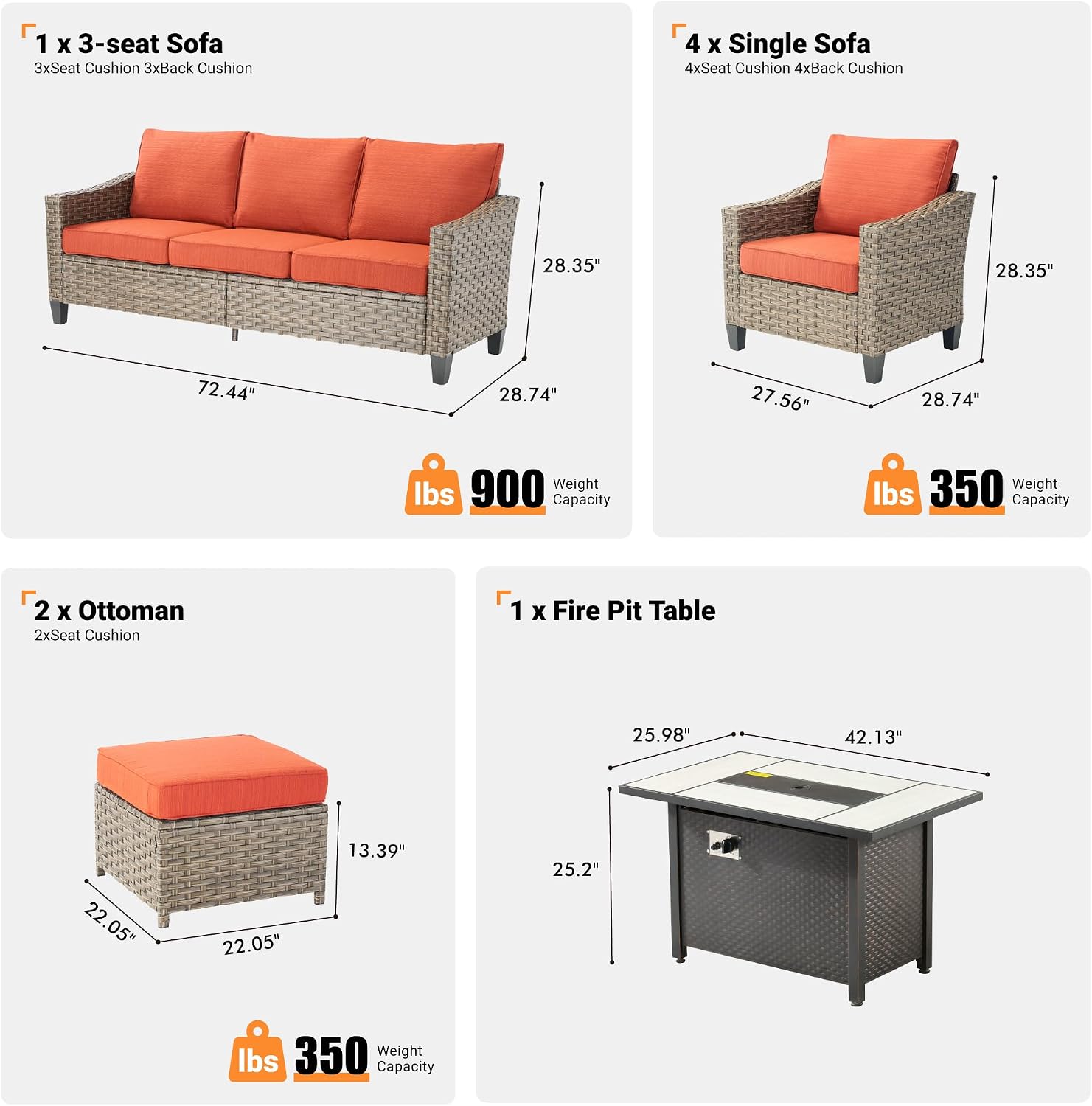 6 PCS Outdoor Patio Furniture 42in Set with Fire Pit Table, All-Weather Rattan Wicker Conversation Group with Deep Seating, Armchairs & Ottoman, High Back Comfort for Porch, Backyard, Orange