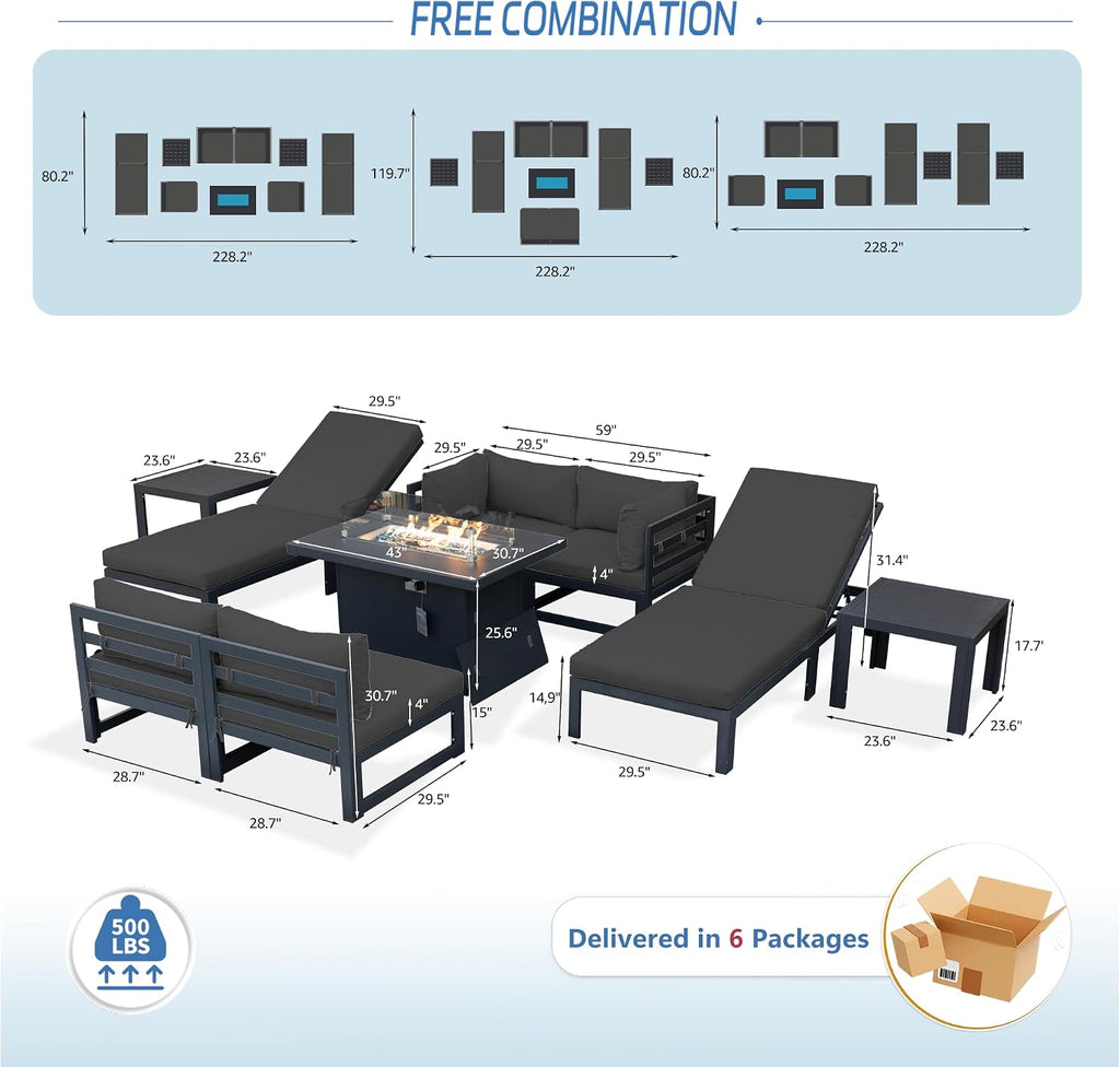 NICESOUL 9 Piece Luxury Aluminum Outdoor Sectional Sofa with Lounge & Fire Pit Table, Large Modular Patio Furniture Set, 29' Deep Wide Seating, 500 lbs Heavy Duty Conversation Set for Deck, Dark Gray