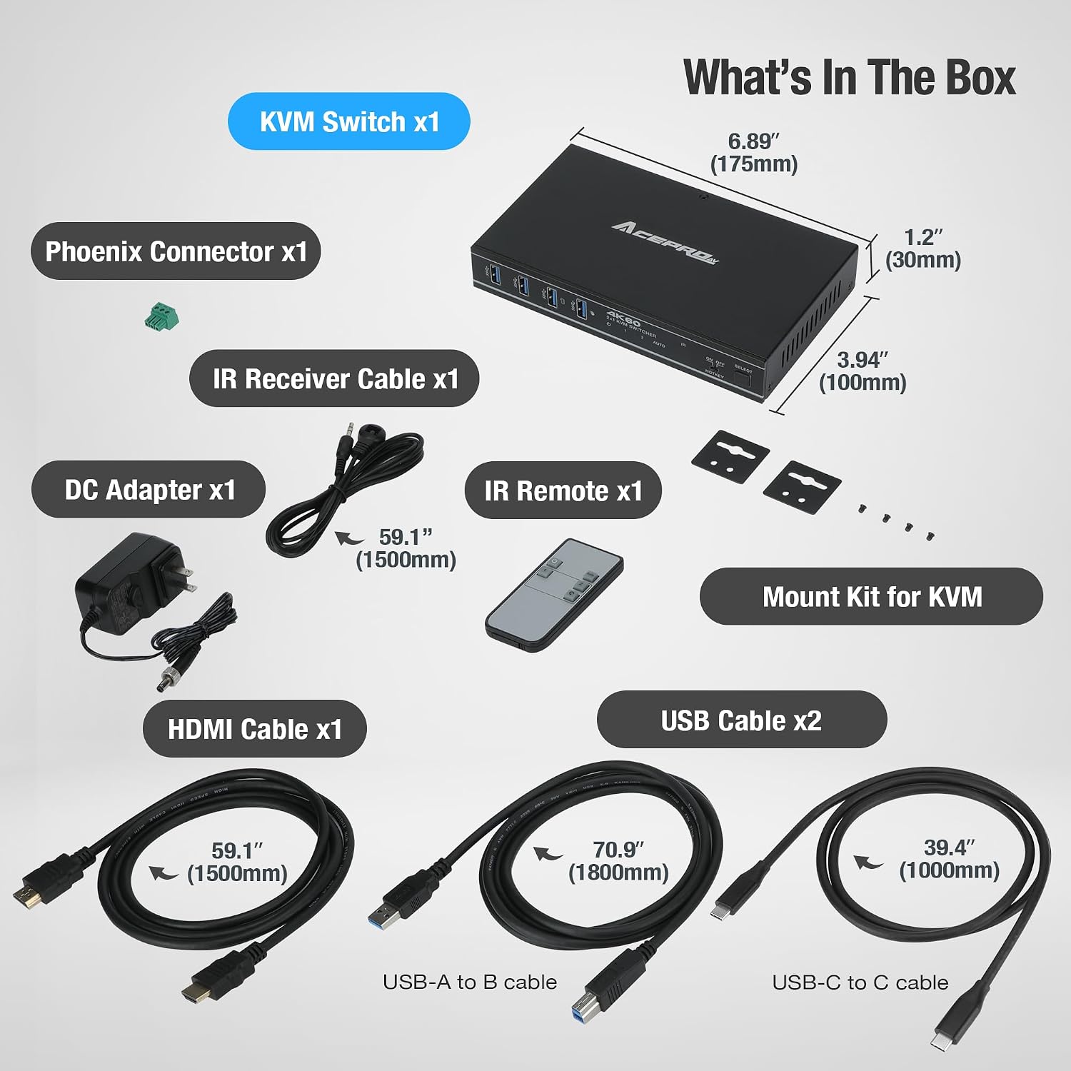 2x1 HDMI/USB-C 4K60Hz KVM Switch with PD Pass-Through - Selector for 2 Computers Sharing 4K Monitor Keyboard Mouse - Includes Cables to Connect Host Devices - Supports 100W Fast Charging