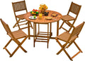 Devoko 5 PCS Patio Furniture, Patio Dining Set Acacia Wood Outdoor Table and Chairs, with 4 Folding Chairs and 37' Round Movable Table, Outdoor Dining Set for Lawn, Balcony, Garden (Light Brown)