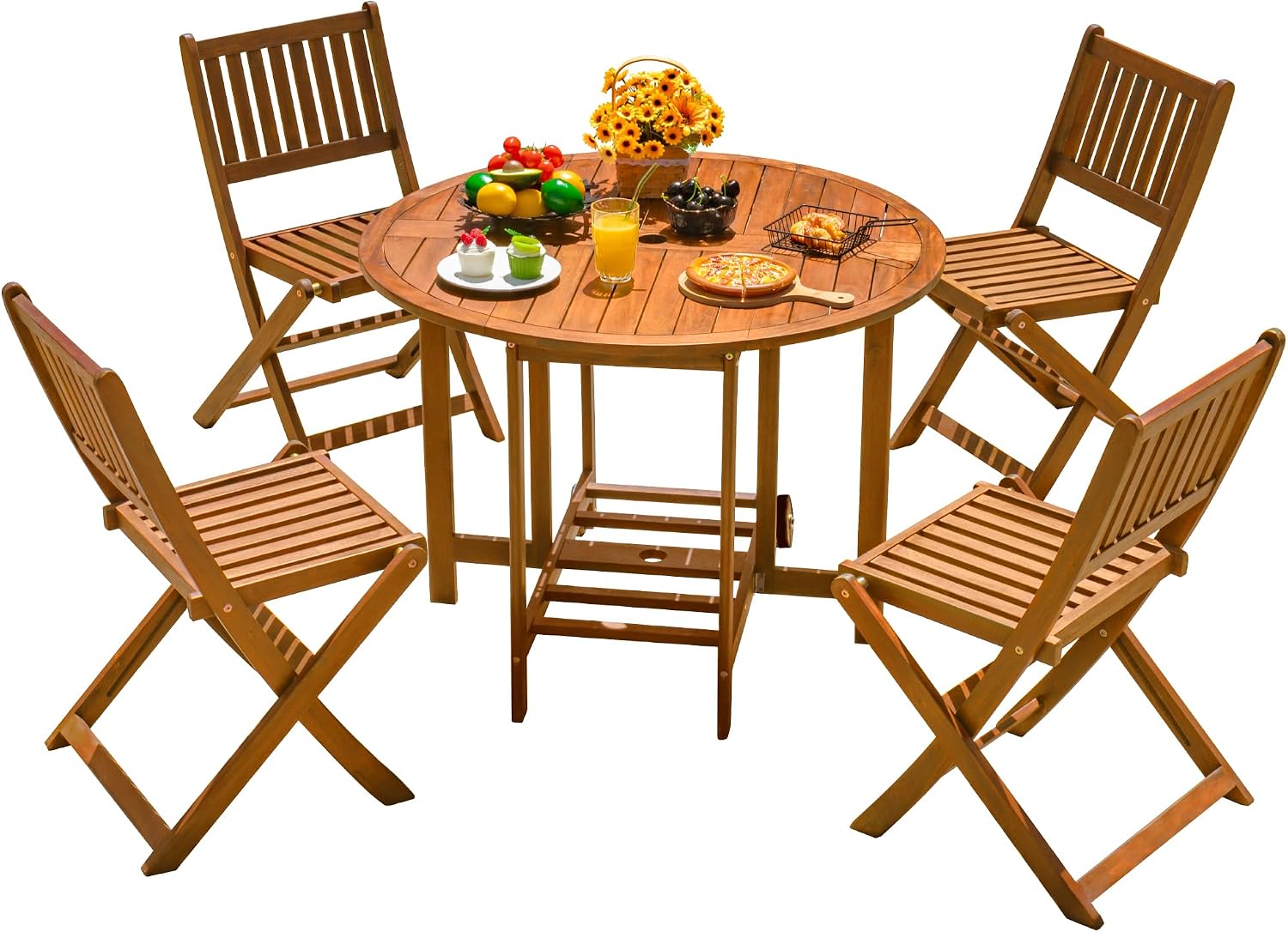 Devoko 5 PCS Patio Furniture, Patio Dining Set Acacia Wood Outdoor Table and Chairs, with 4 Folding Chairs and 37' Round Movable Table, Outdoor Dining Set for Lawn, Balcony, Garden (Light Brown)