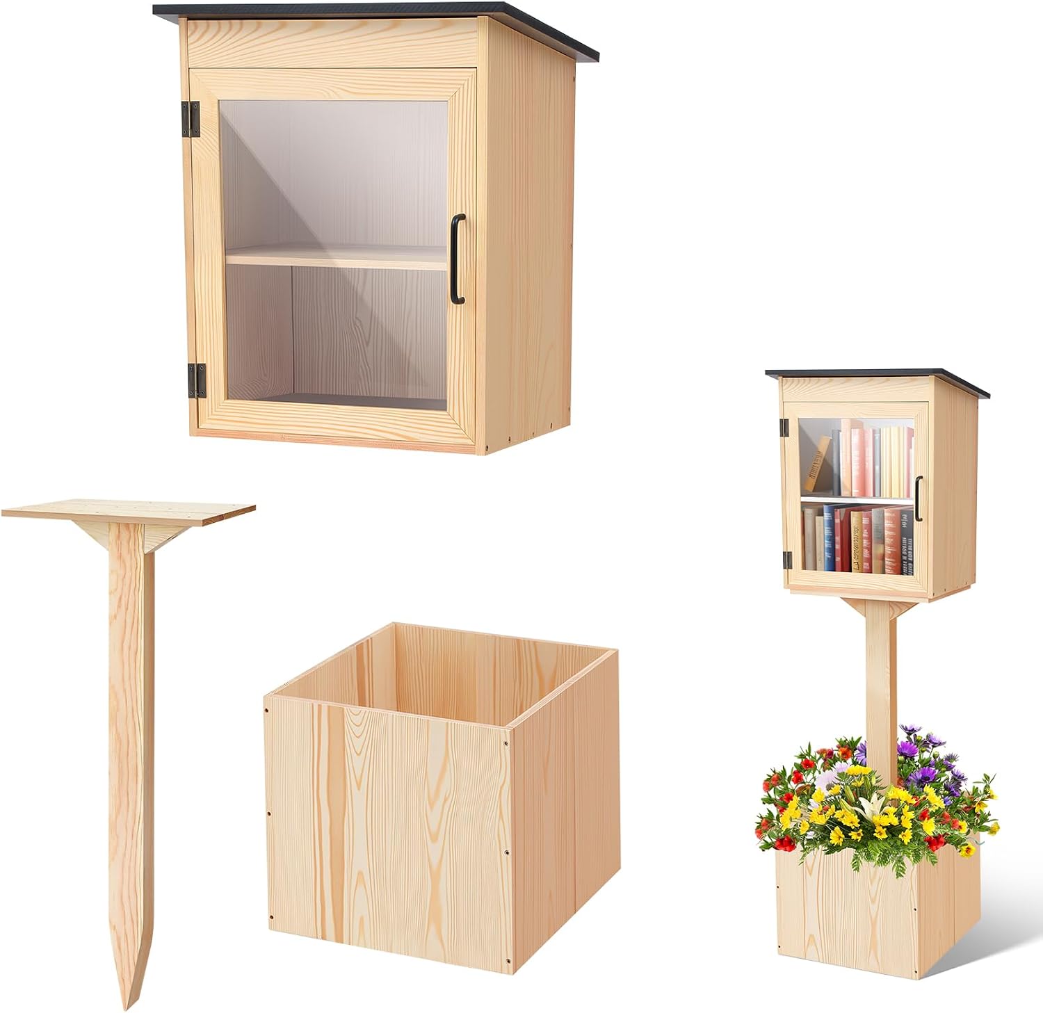 Wonderjune Wooden Little Library Box Outdoor, Weatherproof Double Solid Wood Book Exchange Box with Floor Plugs and Small Flower Fence for Neighborhoods, Community, Literature, School(Natural Wood)