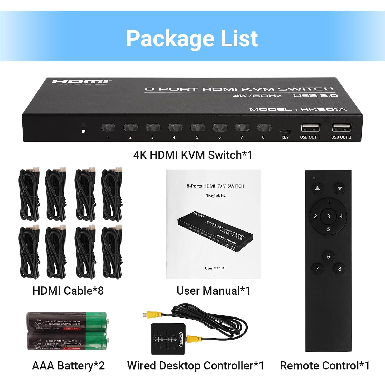 4K@60Hz HDMI KVM Switch 8 Port, HDMI KVM Switch for 8 PC Sharing 1 4K Monitor and 4 USB Devices, with Remote Control, Wired Desktop Controller and 8 KVM Cables