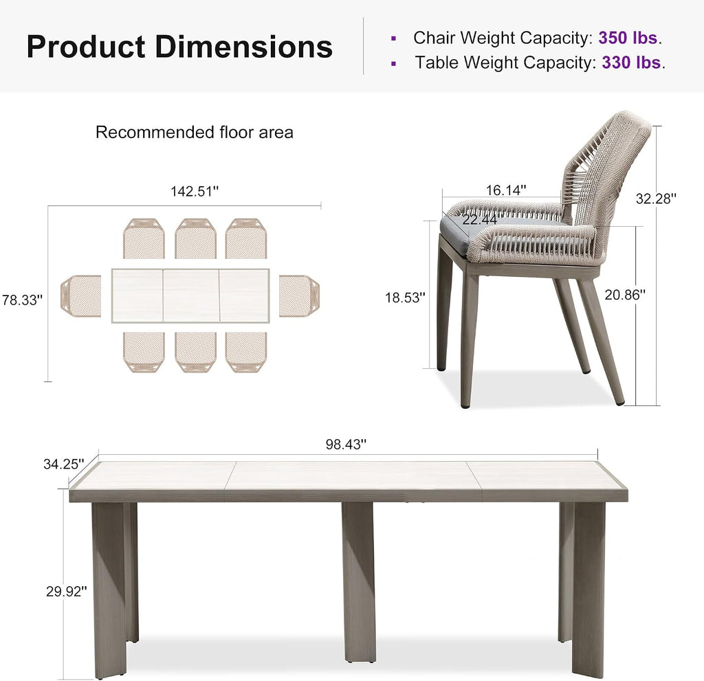PURPLE LEAF 9 Pieces Patio Dining Set Aluminum Rectangular Table and Wicker Chairs with Cushions for Kitchen Porch Garden Modern Outdoor Furniture Sets, Light Grey