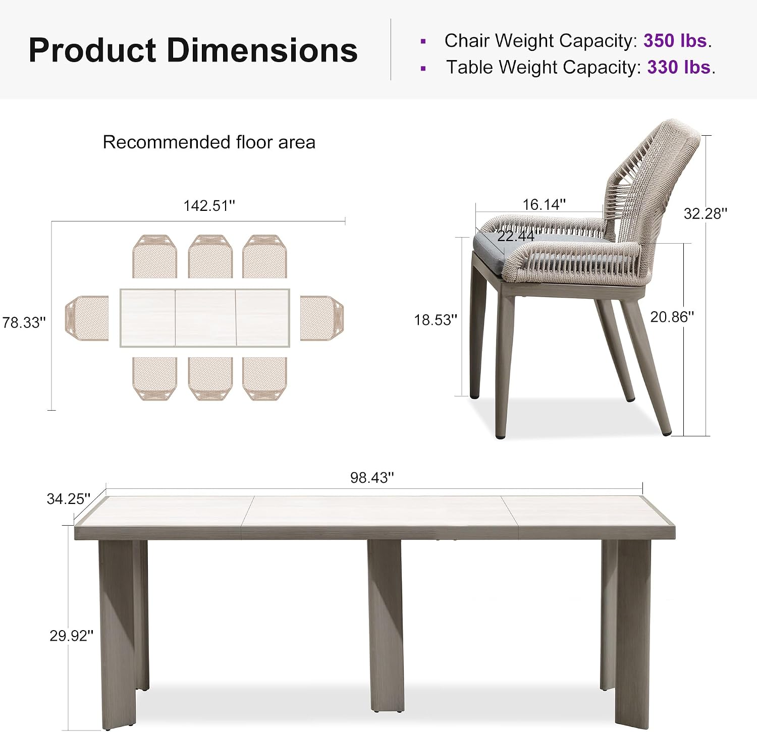 PURPLE LEAF 9 Pieces Patio Dining Set Aluminum Rectangular Table and Wicker Chairs with Cushions for Kitchen Porch Garden Modern Outdoor Furniture Sets, Light Grey