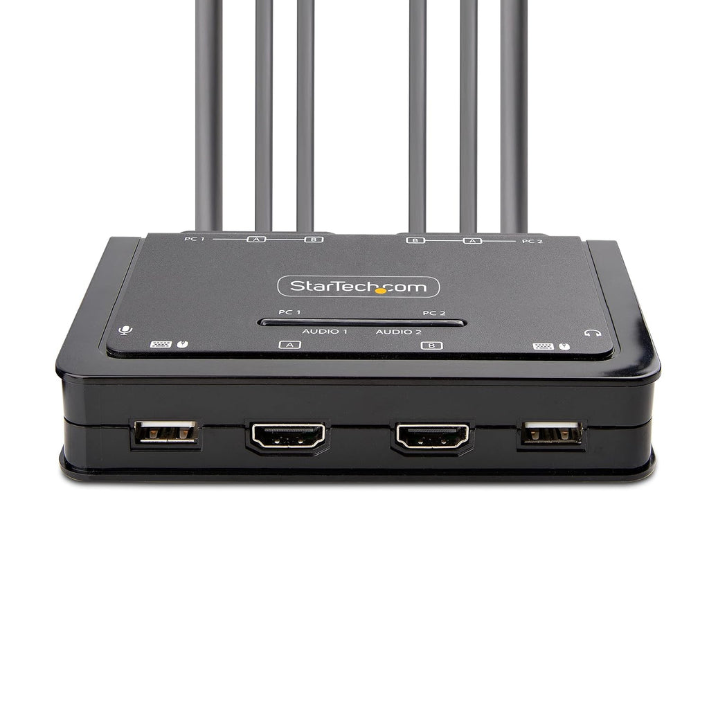 StarTech.com 2-Port Dual-Monitor HDMI Cable KVM Switch, 4K 60Hz, Compact KVM with 5ft/1.5m USB-A/HDMI/Audio Integrated Cables, Bus Powered, Remote/Hotkey Switching (C2-DH46-UA2-CBL-KVM)