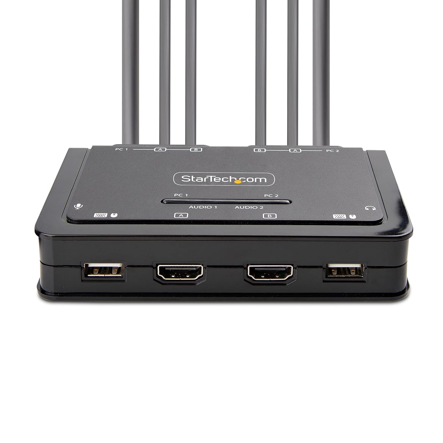 StarTech.com 2-Port Dual-Monitor HDMI Cable KVM Switch, 4K 60Hz, Compact KVM with 5ft/1.5m USB-A/HDMI/Audio Integrated Cables, Bus Powered, Remote/Hotkey Switching (C2-DH46-UA2-CBL-KVM)