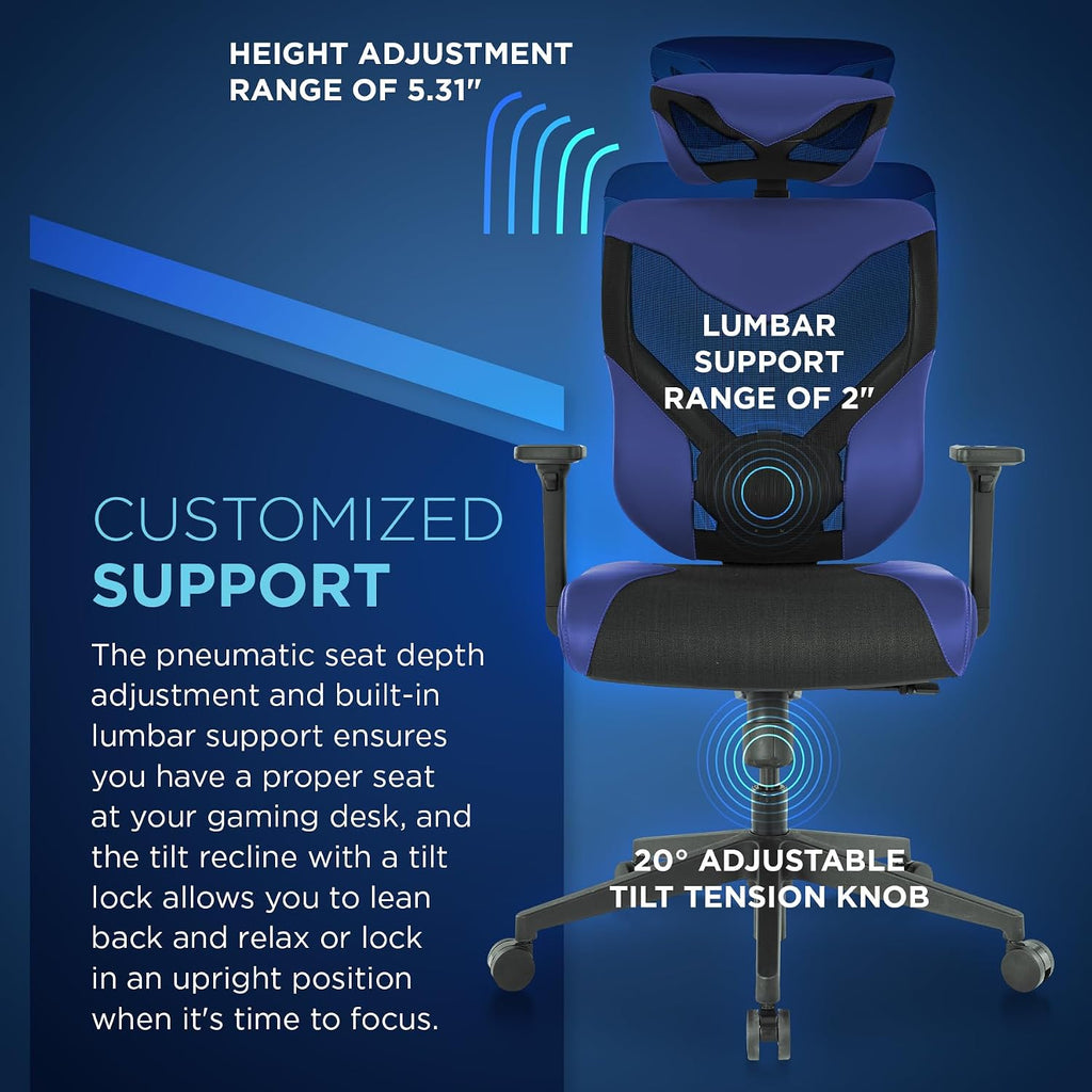 Tempur-Pedic Blaze Auto-Adaptive Ergonomic Gaming Chair with Lumbar Support and 3D Armrest Adjustment, Cooling Racing Style Gaming Chair, Blue