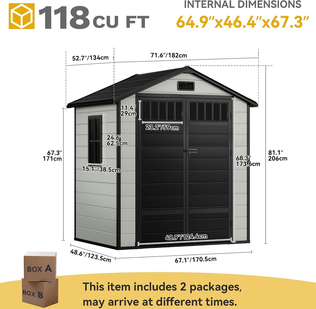 DWVO 6x4.4 FT Resin Storage Shed with Fence-Style and Side Windows, Lockable Door, and Vents for Garden, Backyard, Patio, Lawn, Blue-Gray