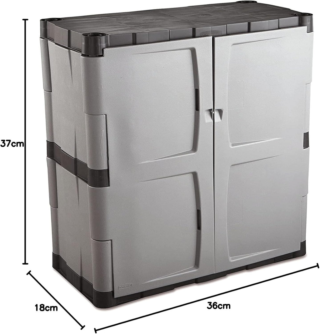 Rubbermaid Freestanding Storage Cabinet with Doors 18'D x 36'W x 37'H Medium Gray/Black Two-Shelf Lockable Cabinet for Indoor/Outdoor/Garage Storage for Garden Tools/Lawn Care Accessories