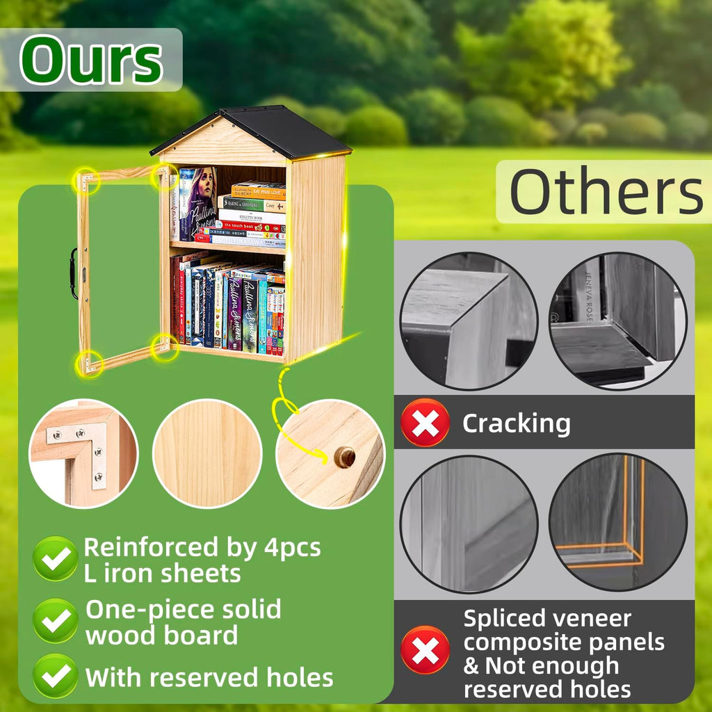 Little Library Box Outdoor, 2-Tier Little Library for Neighborhoods Community School, Weatherproof Solid Wood with Adjustable Shelf & Rust-Proof Hinges, Sharing books, Literature and Newspapers