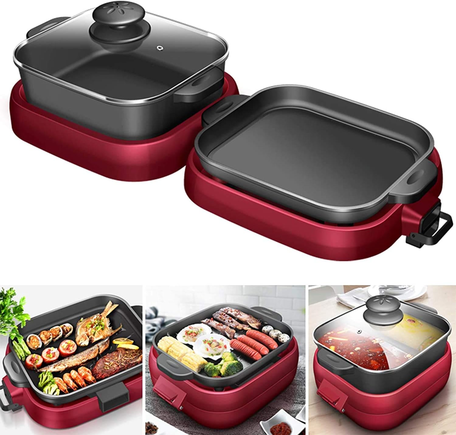 2-IN-1 Electric Grill & Hot Pot, Foldable Roasted Baking Pan Dish Pot,Separately Dual Temperature Control BBQ and Smokeless Shabu-pot,2000W