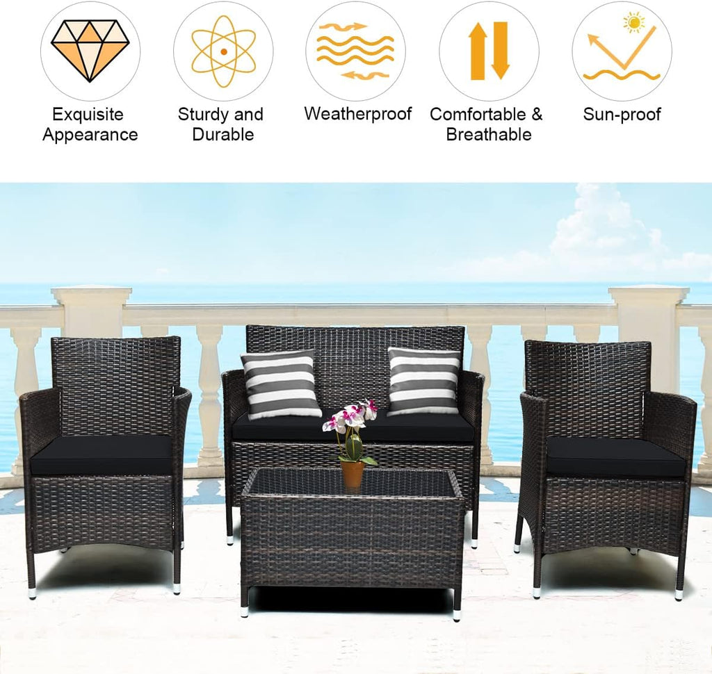 COSTWAY 8PCS Rattan Patio Furniture Set, Outdoor Wicker Rattan Chairs with Coffee Table, Rattan Cushioned Conversation Set for Backyard Balcony Porch Poolside, Black