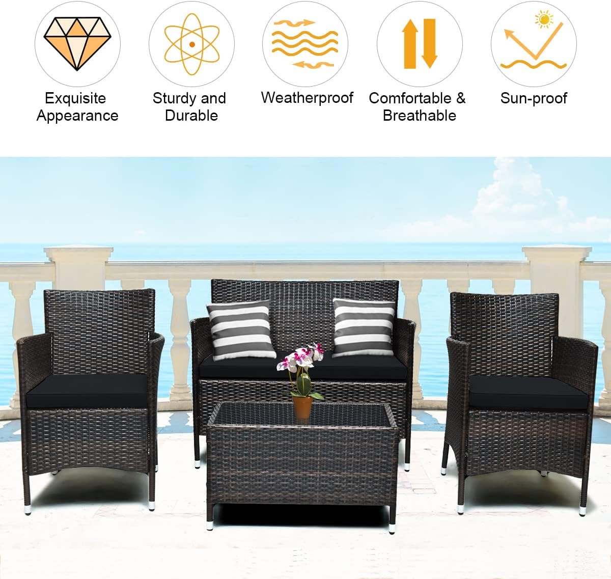COSTWAY 8PCS Rattan Patio Furniture Set, Outdoor Wicker Rattan Chairs with Coffee Table, Rattan Cushioned Conversation Set for Backyard Balcony Porch Poolside, Black