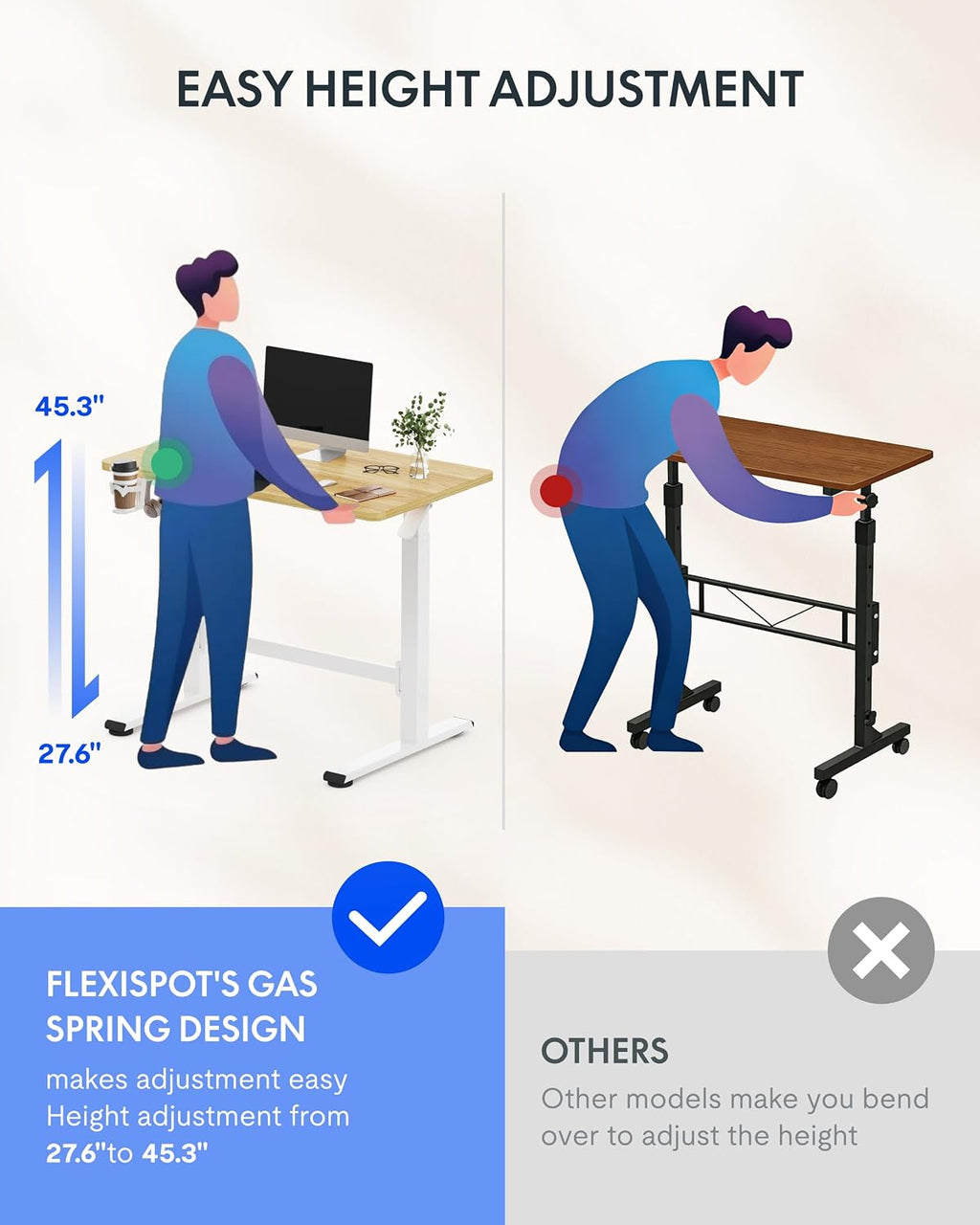 FLEXISPOT H7 Plus Gas Spring Adjustable Standing Desk, Mobile Rolling Sit-Stand Workstation with Wheel, Cordless Stand Up Desk for Small Room & Home Office 40' One-Piece Desktop Maple,height 27.6'–45'