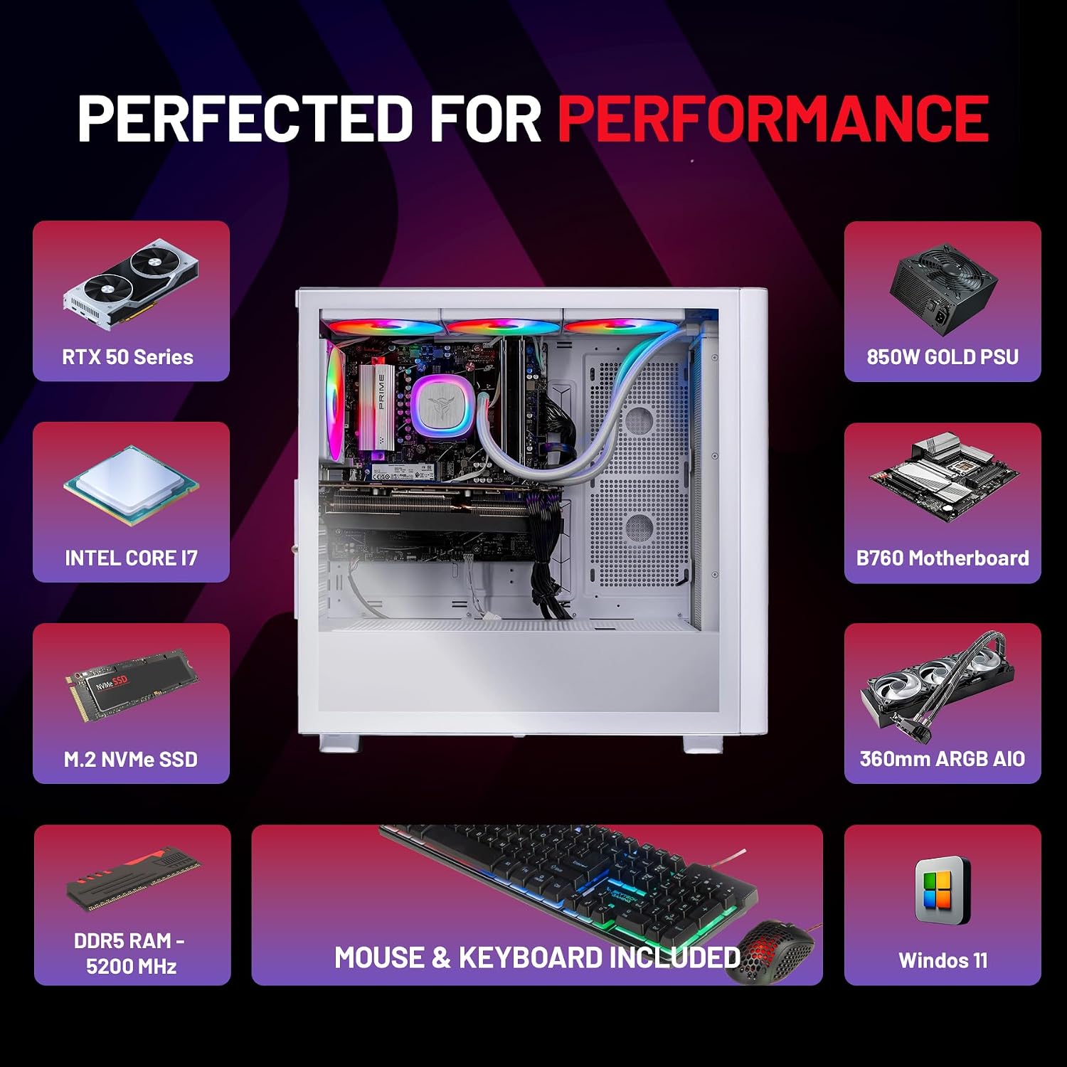 Skytech Gaming Chronos 3 Desktop PC, Intel i7 14700F 2.1 GHz (5.3GHz Turbo), NVIDIA RTX 5060 Ti 16GB, 1TB NVMe SSD, 16GB DDR5 RAM 5200, 850W Gold ATX 3 PSU, 360mm ARGB AIO, Wi-Fi, Win 11