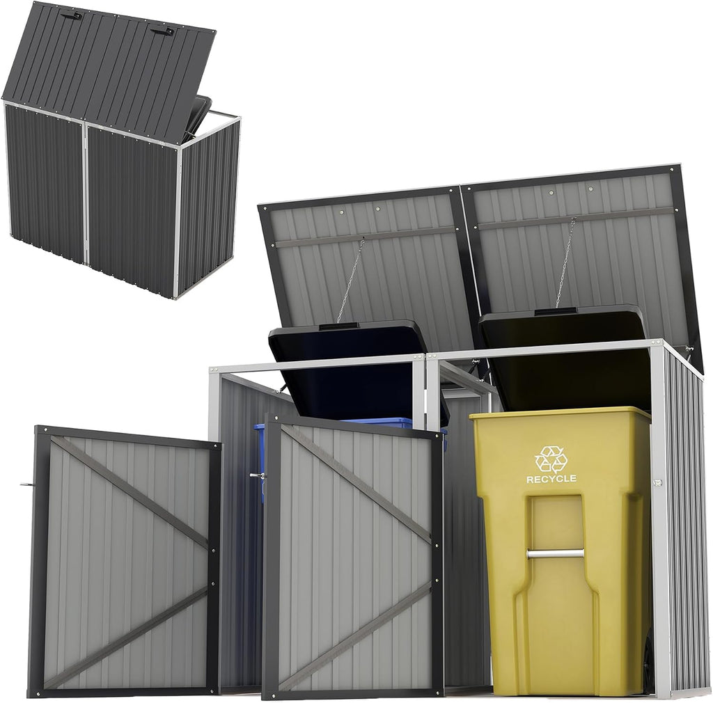 Outdoor Trash Can Storage, Garbage Bin Shed Stores 2 Trash Cans with Pneumatic Support Rod, 54 Cubic feet of Space, Metal Outdoor Storage Shed for Garbage Cans, Garden, Backyard, and Patio, Grey