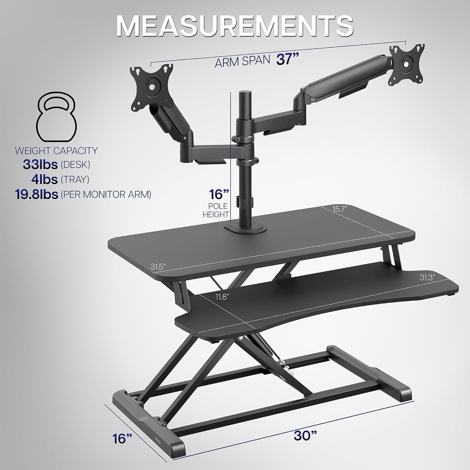 VIVO 32 inch Standing Desk Converter with Dual Monitor Mount for up to 32 inch Screens, Height Adjustable Riser with Mechanical Spring Arms, Black, DESK-KIT-0K2K