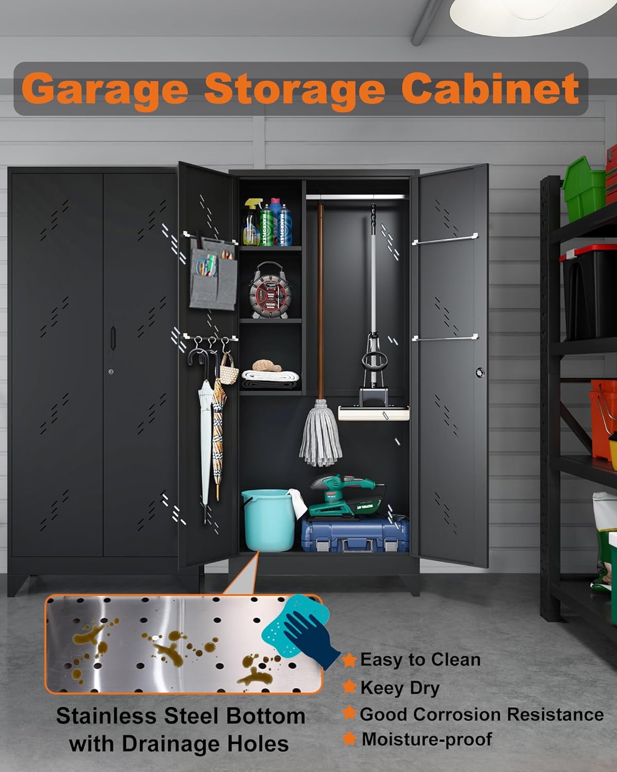 75' Metal Storage Cabinet with Lockable Doors, Functional Garage Storage Cabinets, Heavy-Duty Tool Organization Cabinet with Hanging Rod & S-Hooks (75' Utility Closet)