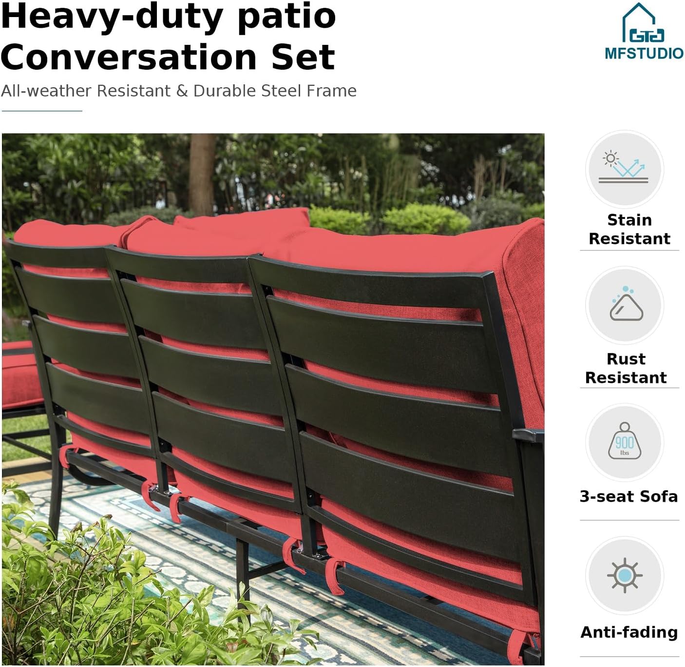 MFSTUDIO 5 Pieces Patio Conversation Sets,Outdoor Metal Furniture Sofas with 1 x 3-Seat Sofa, 2 x Swivel Chairs,2 x Ottoman,Wrought Iron Frame with Red Cushion for Patio Courtyard Balcony