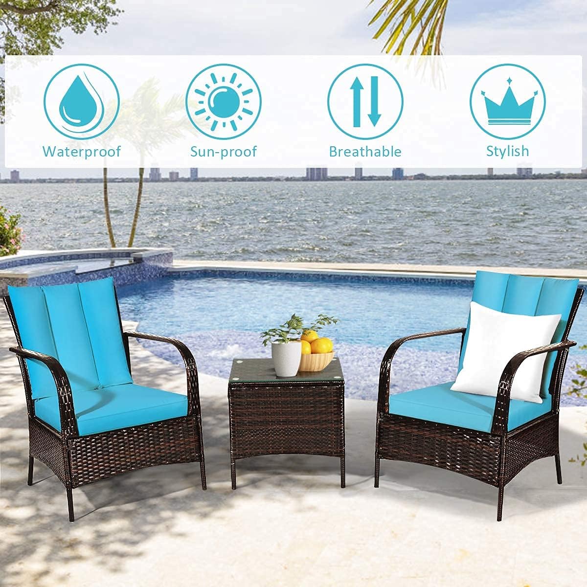 Tangkula 3 Piece Patio Furniture Set, 2 Wicker Chairs with Glass Top Coffee Table, Outdoor Garden Porch Poolside Furniture Set for 2, Rattan Conversation Set