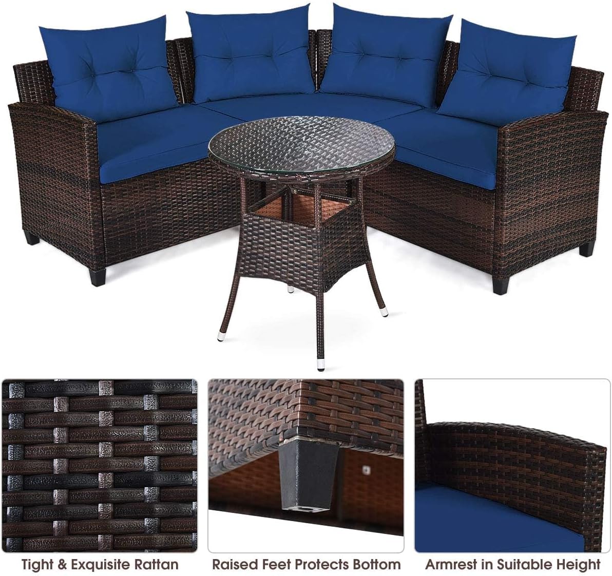 HAPPYGRILL 4 Pieces Rattan Patio Conversation Set, Outdoor Wicker Furniture Set with Cushioned Sofas and Coffee Table, L-Shape Sectional Curved Sofa Set for Garden Poolside Balcony