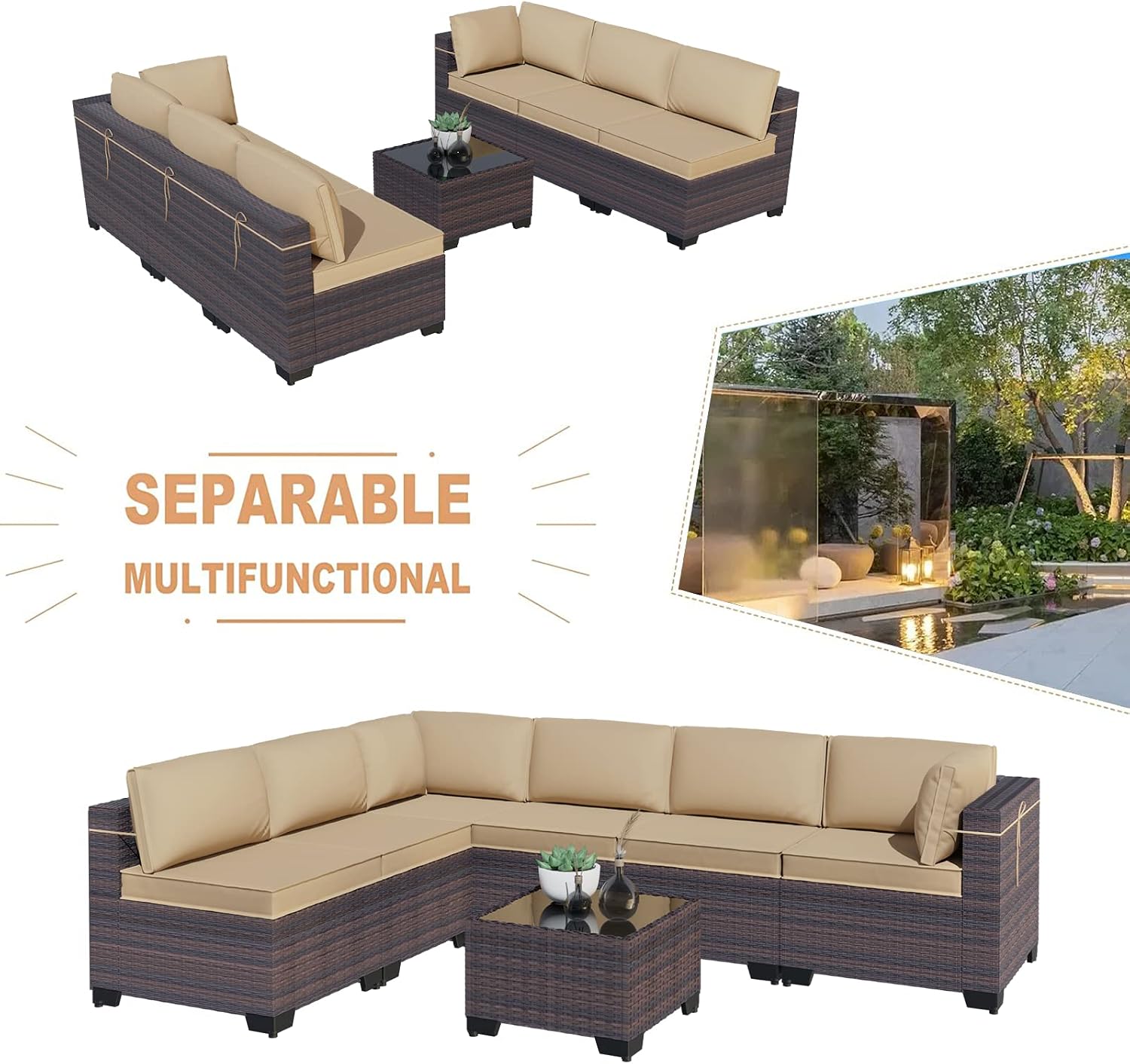Kullavik 7 Pieces Outdoor Patio Furniture Set,Sectional Rattan Sofa Set Brown PE Rattan Wicker Patio Conversation Set with Tempered Glass Coffee Table and Washable Cushions Covers,Sand