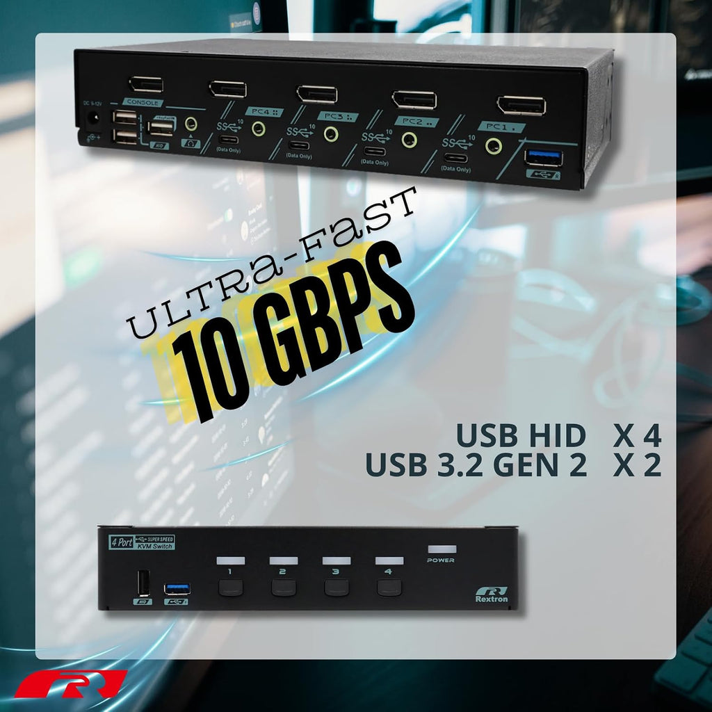8K DisplayPort 1.4 KVM Switch for 4 Computers 1 Monitor, USB 3.2 Gen 2 (10 Gbps), HDCP 2.2 Compliant, EDID Emulator, Plug & Play, Ideal for Office, Gaming and Industrial Control, PAAG-ET3114B