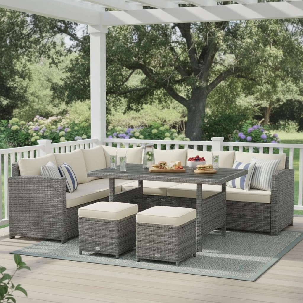 Tangkula 7 Pieces Patio Furniture Set, Outdoor Sectional Rattan Dining Sofa Set with Cushions, All Weather Wicker Conversation Couch Set with Dining Table & Ottomans for Yard Garden Poolside, White