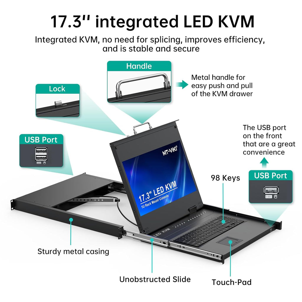 MT-VIKI® KVM Rack Mount HDMI with 17.3'' LCD Monitor, 1080P@60Hz Support OSD/Hotkey, Included 8 KVM Cables+Keyboard + Touchpad, Fit 1U 19'' Rack, Mount Depth 23.6-31.8'