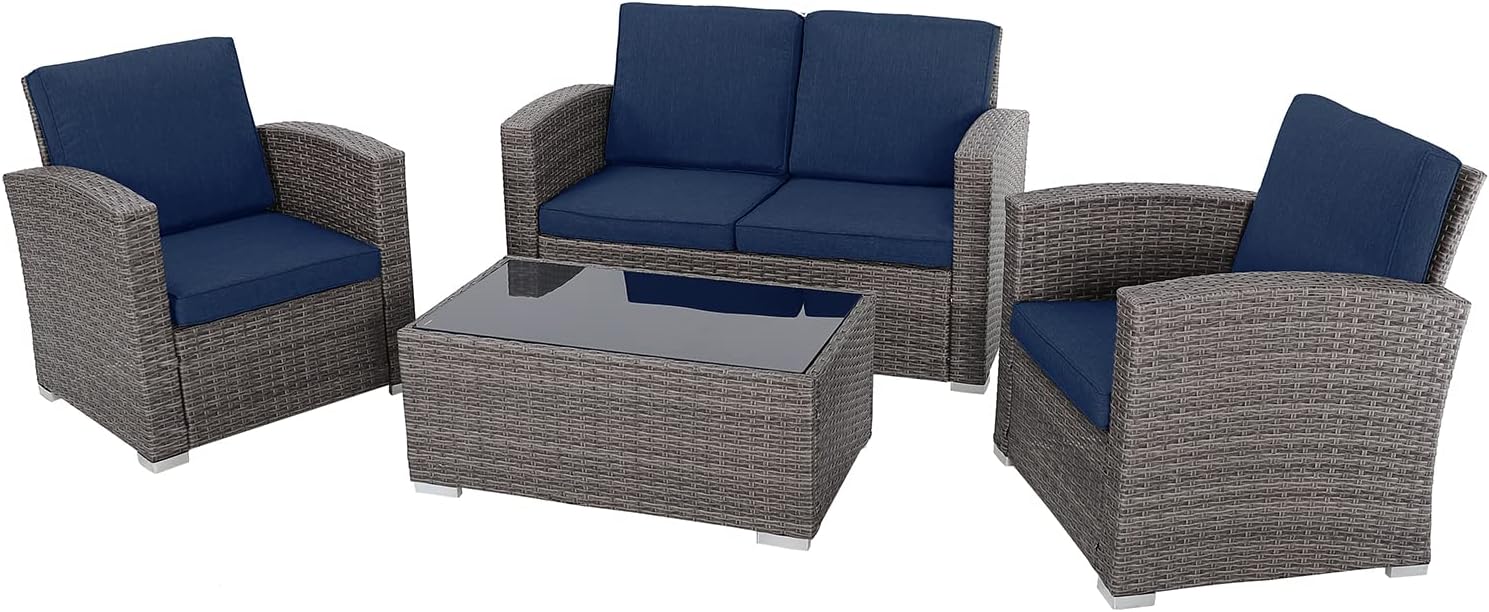 JOIVI Patio Furniture Set, 4 Piece Outdoor Patio Conversation Set, All-Weather PE Rattan Wicker Sectional Patio Sofa Set with Tempered Glass Coffee Table for Family Gatherings, Navy Blue