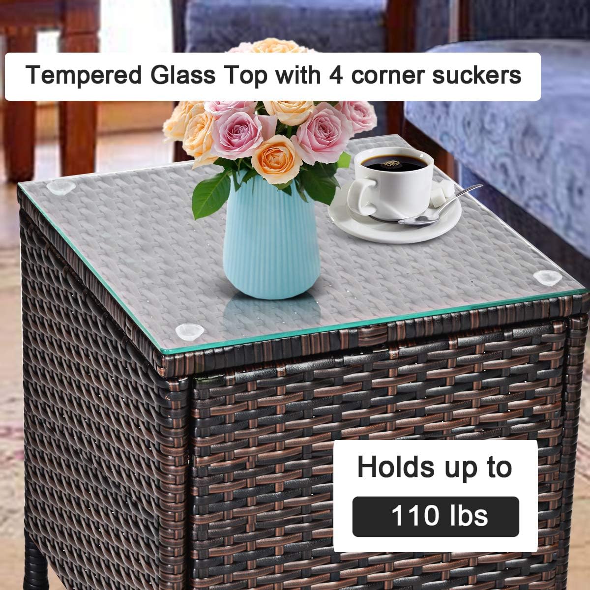 COSTWAY 3 PCS Patio Furniture Set, Outdoor Wicker Conversation Set with Tempered Glass Coffee Table, Seat Cushions, Rattan Wicker Chairs for Poolside Balcony Porch Backyard, Navy