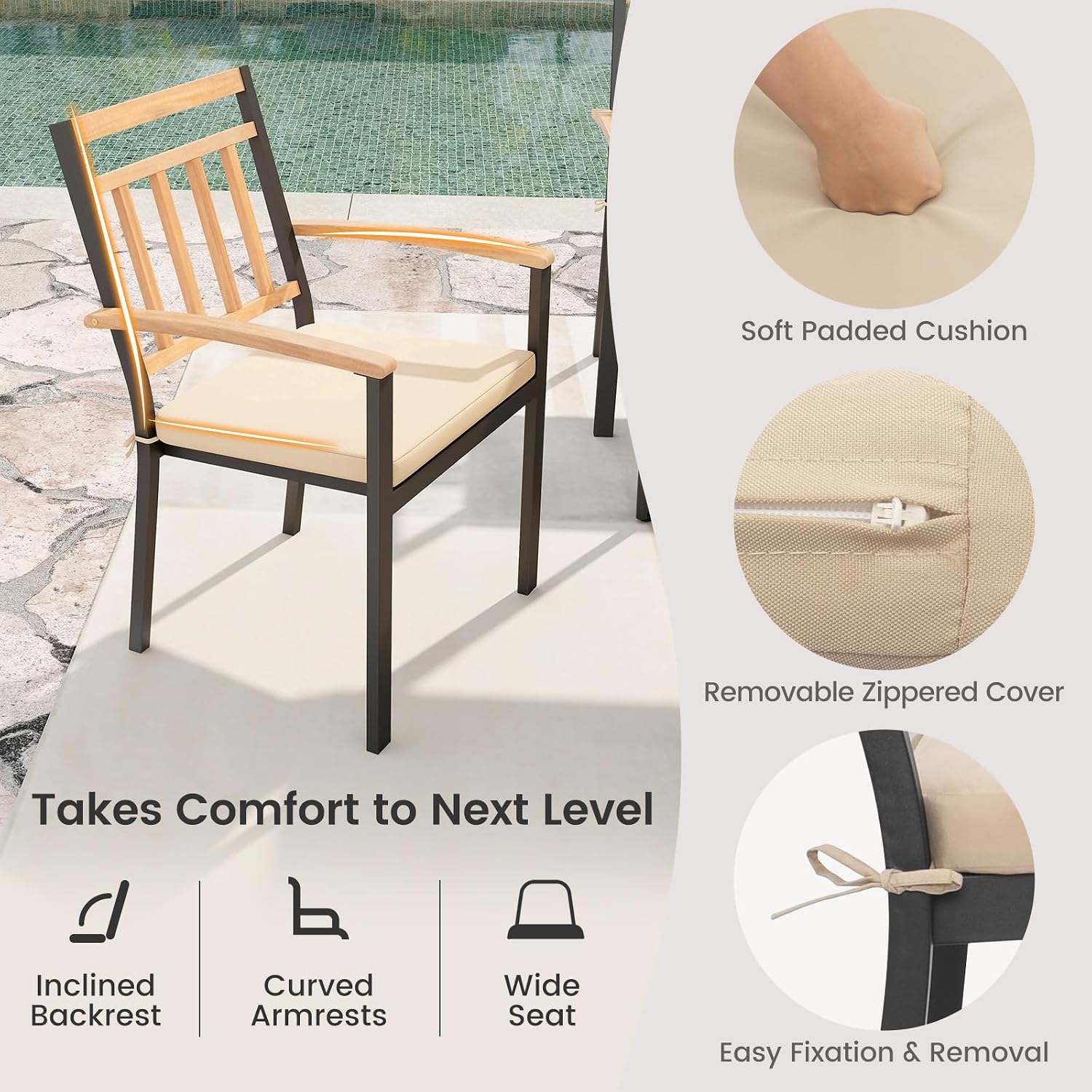 Tangkula 9 Piece Patio Dining Set, Outdoor Dining Furniture Set w/Rectangular Acacia Wood Dining Table & 8 Cushioned Chairs, Metal Frame Dining Set w/Umbrella Hole for Yard, Porch, Garden, Deck