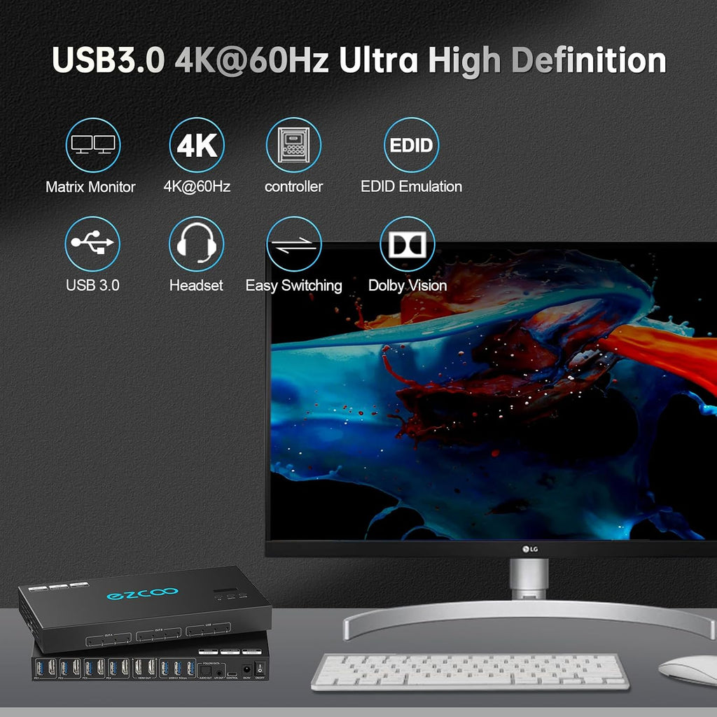 4K@60Hz HDMI 2.0 KVM Switch 4x1 for 4PC Share 2 Displays and 4 USB 3.0 Ports SPDIF L/R Audio,Copy/Extended Mod compatibile with Windows, Unix and Mac OS X