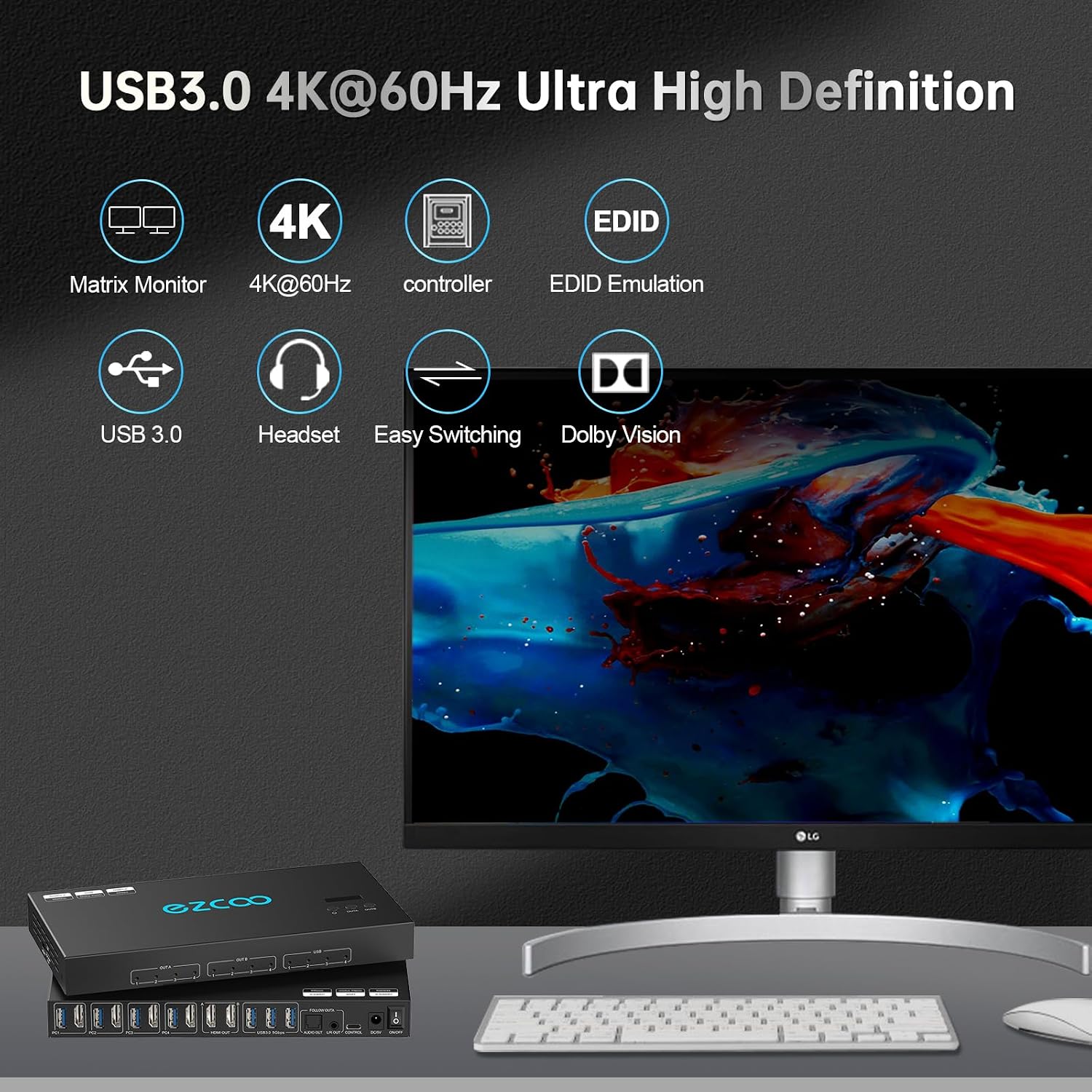 4K@60Hz HDMI 2.0 KVM Switch 4x1 for 4PC Share 2 Displays and 4 USB 3.0 Ports SPDIF L/R Audio,Copy/Extended Mod compatibile with Windows, Unix and Mac OS X