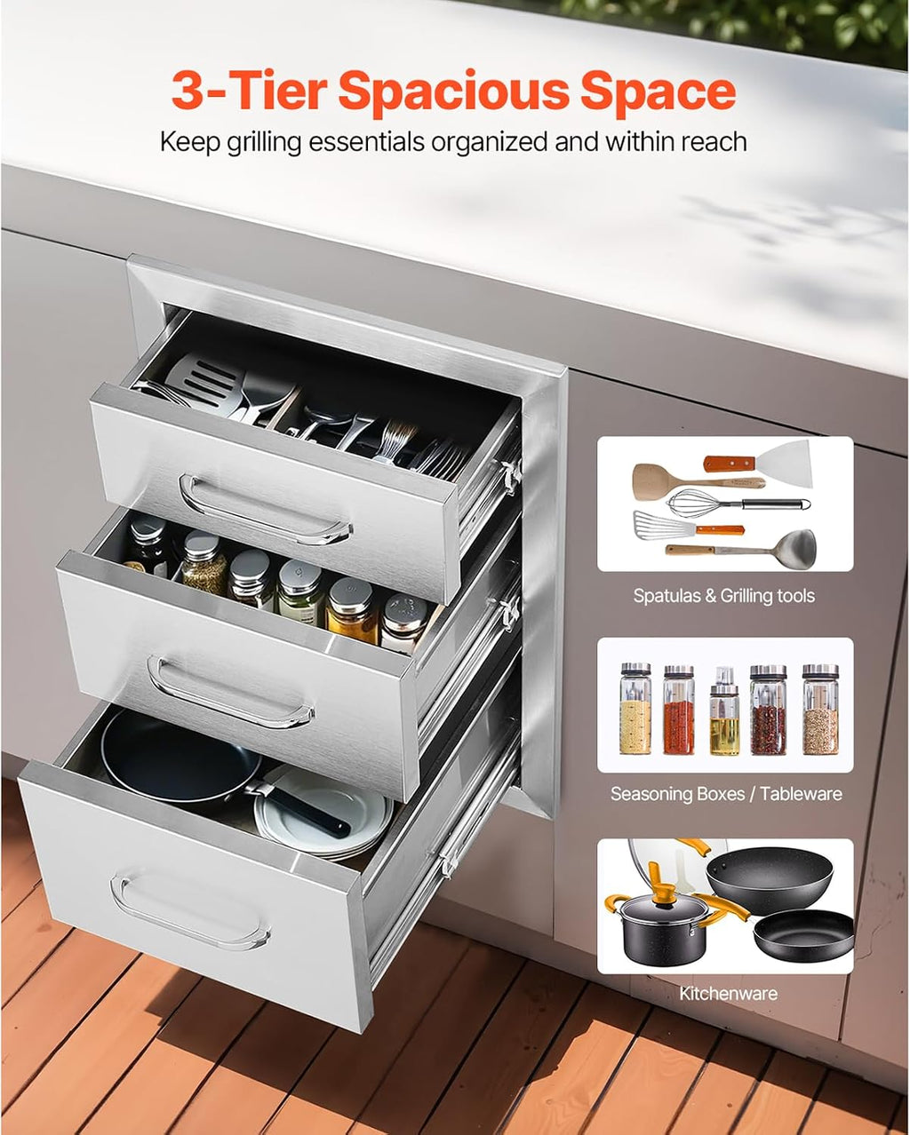VEVOR 14x20.3 Inch Outdoor Kitchen Drawers Stainless Steel, Flush Mount Triple Drawers, 14W x 20.3H x 23D Inch, with Stainless Steel Handle, Outdoor Kitchens or BBQ Island