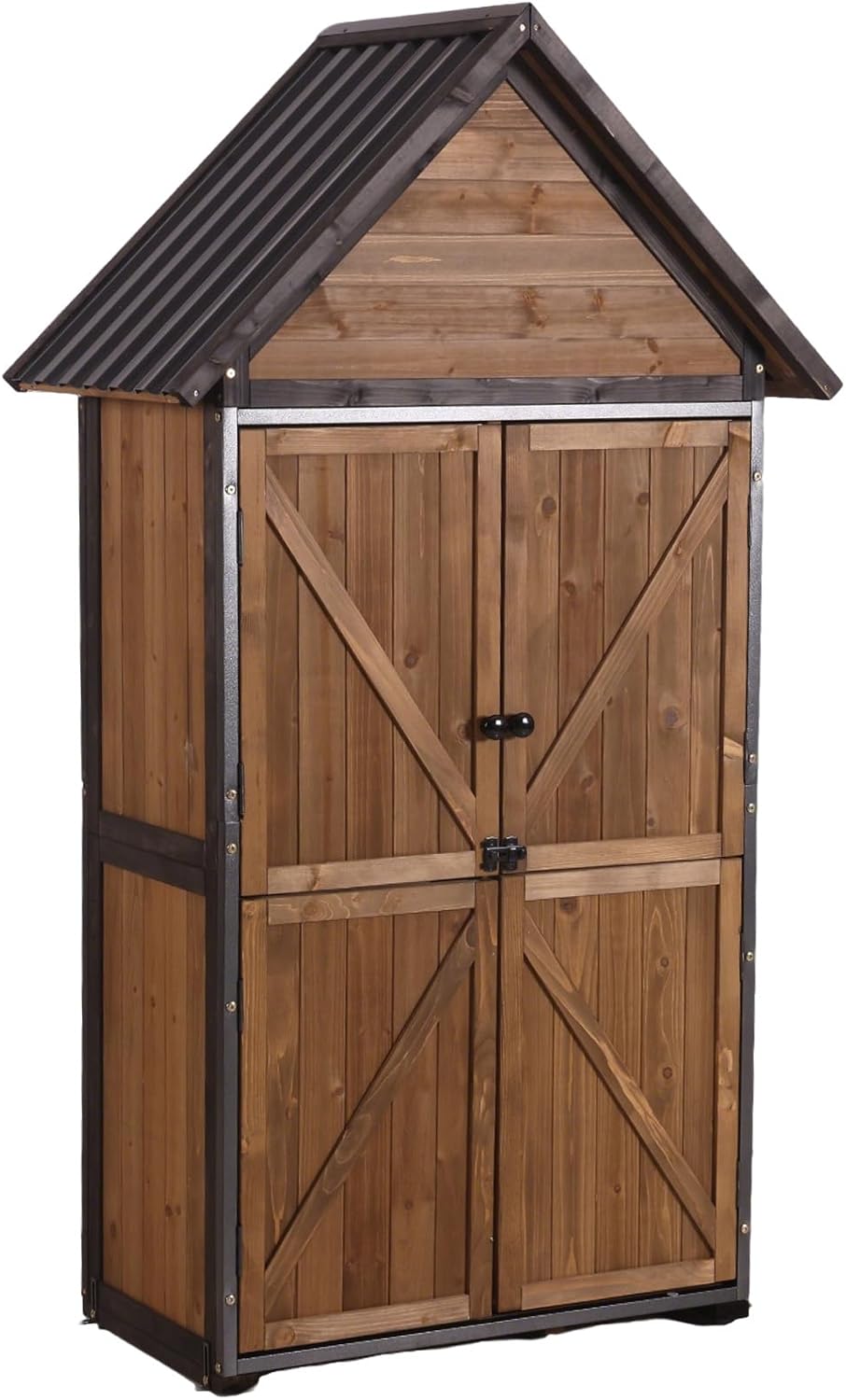 GUTINNEEN Shed Outdoor Storage Upgraded with Durable Front Metal Frame Garden Shed Tool Storage Cabinet with Wooden Floor Adjustable Shelfs 2.5 x 1.4FT （Brown）