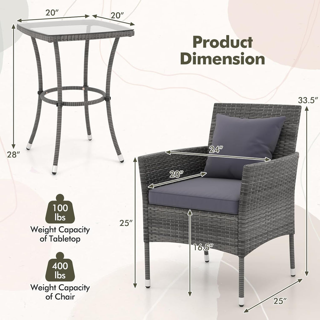 RELAX4LIFE 3-Piece Patio Furniture Set - Rattan Wicker Outdoor Furniture w/Cushions & Tempered Glass Coffee Table, Small Conversation Bistro Table and Chairs Set of 2 for Garden Porch Balcony (Grey)