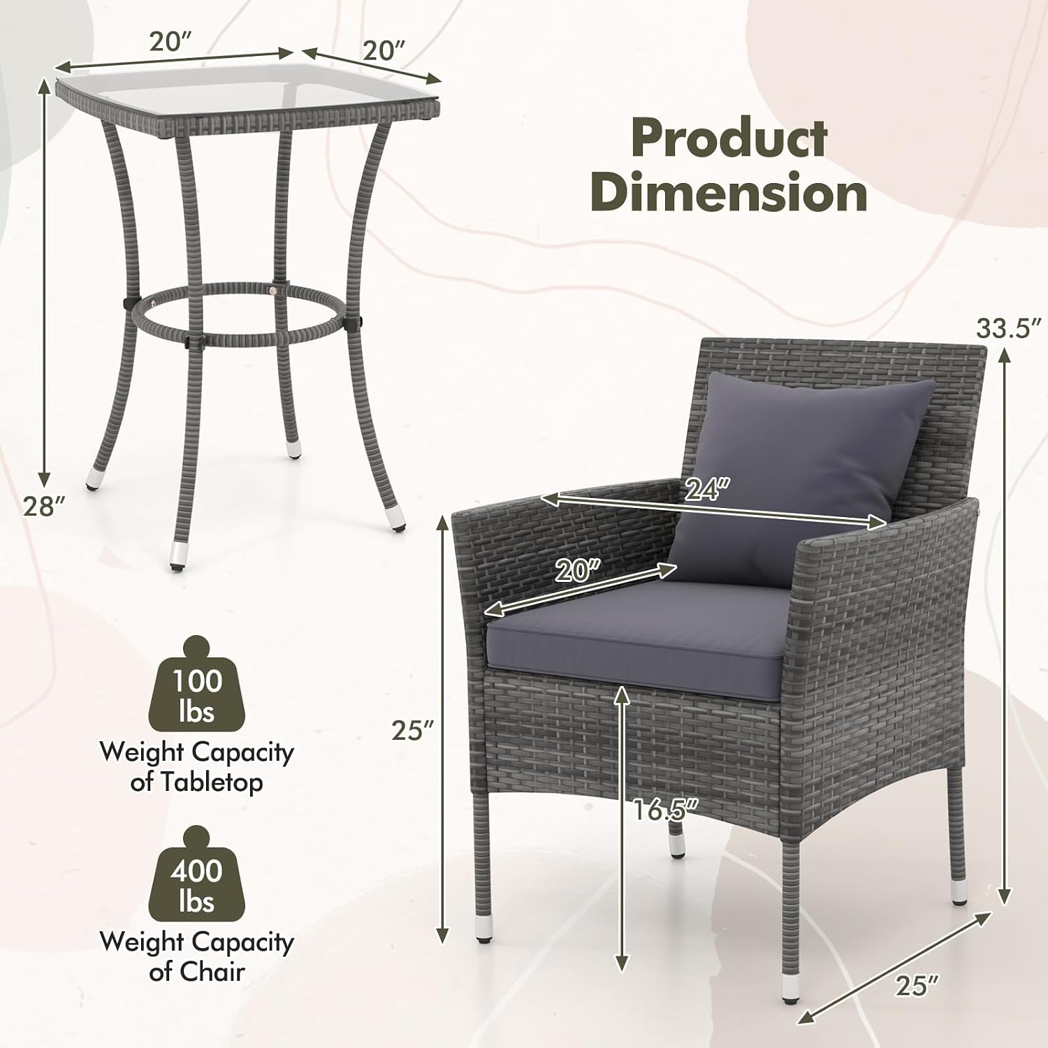 RELAX4LIFE 3-Piece Patio Furniture Set - Rattan Wicker Outdoor Furniture w/Cushions & Tempered Glass Coffee Table, Small Conversation Bistro Table and Chairs Set of 2 for Garden Porch Balcony (Grey)
